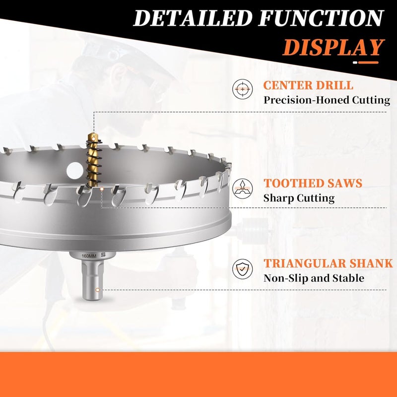 METALLIXITY Hole Saw 160mm (6-1/4"), Heavy Duty Tungsten Carbide with Center Drill Bit Hex Key Spring - Hole Cutters for Thick Stainless Steel Steel Metal Plates. Silver - Image 3